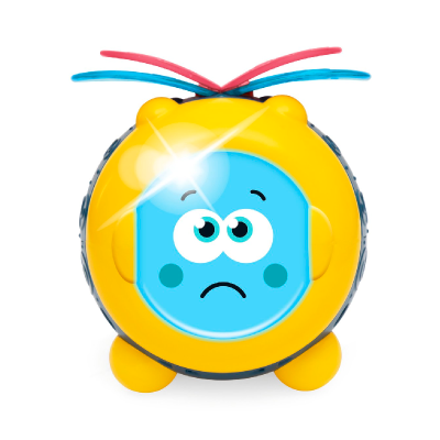 Brinquedo plástico amarelo com face azul triste e antenas coloridas