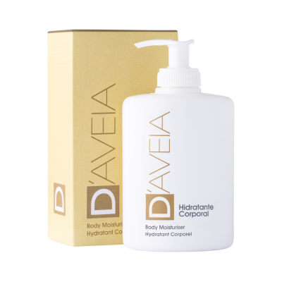 Frasco branco com bomba de hidratante corporal DAVEIA e caixa bege correspondente