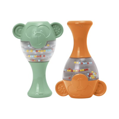 Dois chocalhos para bebé em formas de cabeça de urso, verde e laranja, com bolas coloridas dentro de compartimentos transparentes.