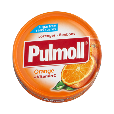 Embalagem redonda metálica de pastilhas Pulmoll sabor laranja