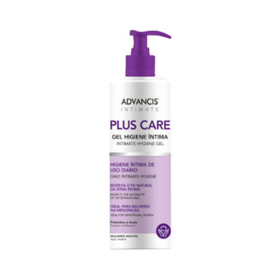 Frasco gel higiene íntima ADVANCIS INTIMATE PLUS CARE branco com dispenser roxo