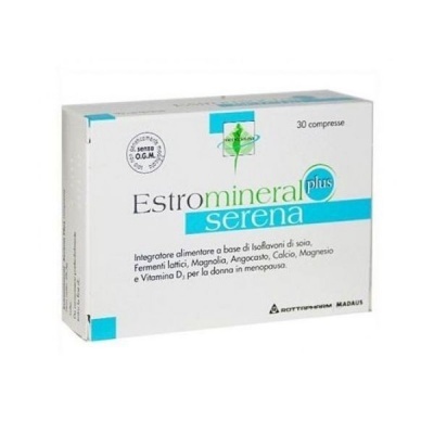 Embalagem branca de comprimidos Estromineral Plus Serena, 30 comprimidos, texto azul e verde.