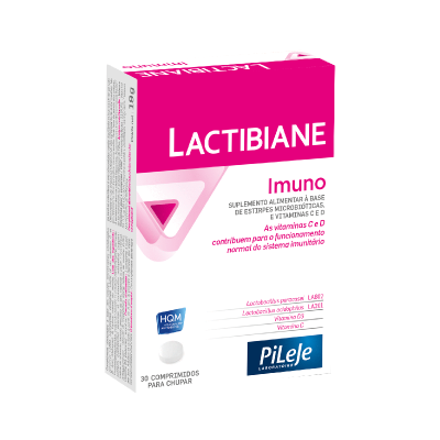 Caixa de suplemento alimentar Lactibiane Imuno cor de rosa e branca com texto e logo PiLeJe