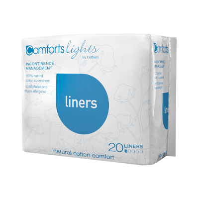 Pacote branco de liners Comforts Lights com texto azul