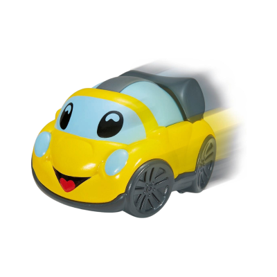 Carro de brinquedo amarelo com olhos grandes e sorriso em fundo branco