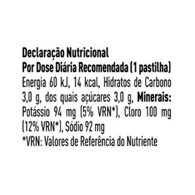 Etiqueta nutricional detalhando valores por dose diária recomendada de 1 pastilha