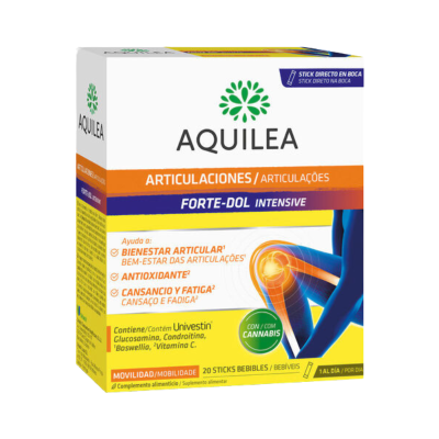 Suplemento alimentar Aquilea Forte-Dol Intensive para articulações com embalagem colorida e imagem da articulação do joelho