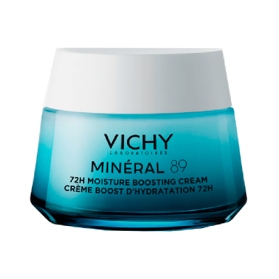Frasco de creme azul Vichy Mineral 89 com tampa branca