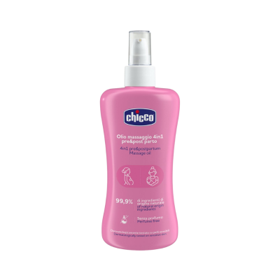 Frasco rosa óleo de massagem Chicco 4 em 1 para pré e pós-parto com spray branco