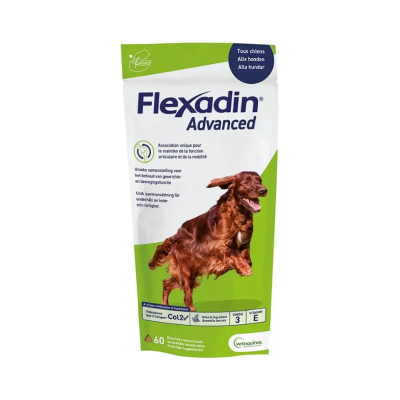 Pacote Flexadin Advanced suplemento para cães com imagem de cão castanho e texto multilíngue