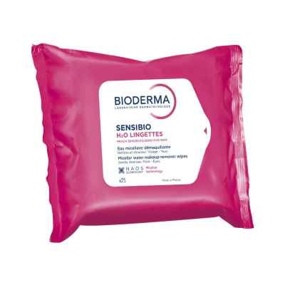 Lenços desmaquilhantes Bioderma Sensibio H2O em embalagem plástica rosa
