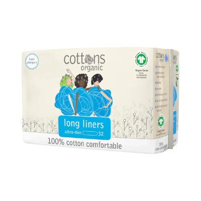 Pacote de liners longos ultra finos 100% algodão Cottons organic em embalagem bege e azul