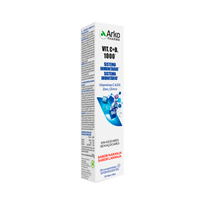 Embalagem de suplemento Arko Pharma VIT. C+D3 1000 para sistema imunitário com vitaminas C, D3 e zinco, sabor laranja.