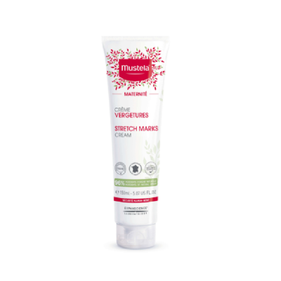 Creme anti-estrias Mustela Maternité em tubo branco com texto vermelho e verde