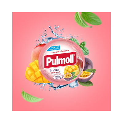 Embalagem redonda de pastilhas Pulmoll Tropical + Vitamins com frutas tropicais e folhas de hortelã
