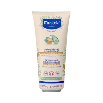 Frasco Mustela com cuidado desembaraçante e nutritivo para cabelos longos e encaracolados.