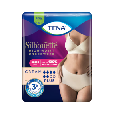 Pacote de roupa interior alta TENA Silhouette Cream, proteção Plus e 3x controlo de odores