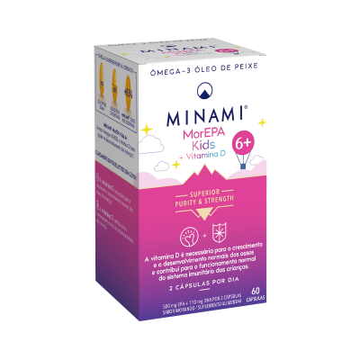 Caixa de suplemento Minami MorEPA Kids 6+, omega-3 e vitamina D