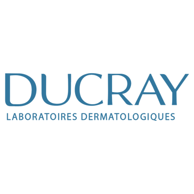 Logótipo azul DUCRAY LABORATOIRES DERMATOLOGIQUES em fundo preto