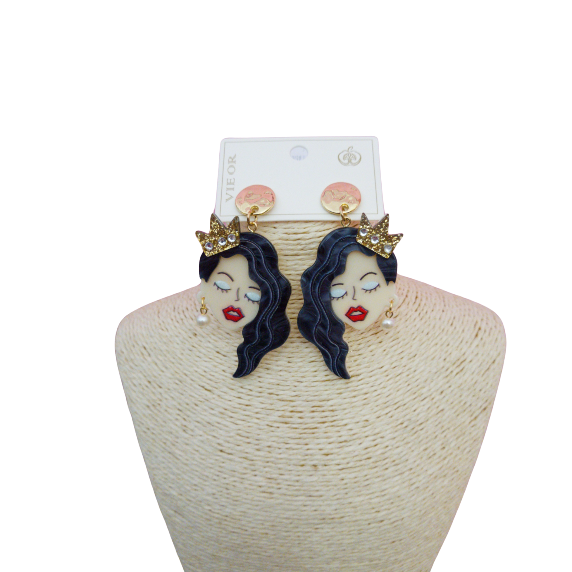 Brincos pendentes com rosto feminino, coroa dourada e pérola