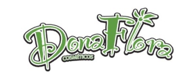 Logotipo Dona Flora Cosméticos em verde com folha na letra F