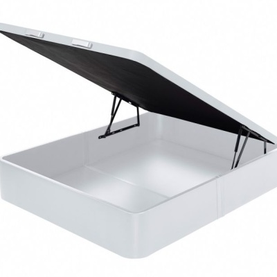 Base de cama branca com arrumação e painel superior aberto em tecido negro