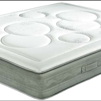 Colchão branco e cinzento com padrão circular acolchoado e bordas cinzentas com pegas