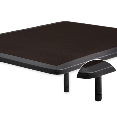 Base de cama metálica cinza escura com superfície preta e pernas pretas cilíndricas