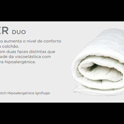 Topper duo branco para colchão enrolado com texto explicativo ao lado
