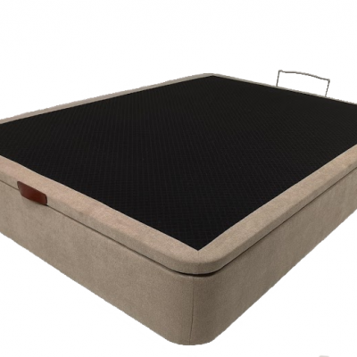 Colchão ou base de cama bege com superfície preta e alça metálica