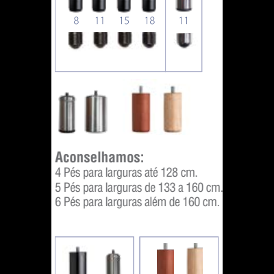 Pés de mobília em diferentes tamanhos e acabamentos com recomendação de uso