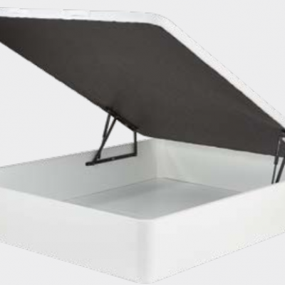 Cama-baú de casal branca com tampa cinza aberta