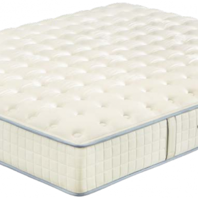 Colchão branco acolchoado com padrão de quadrados e bordas cinzentas