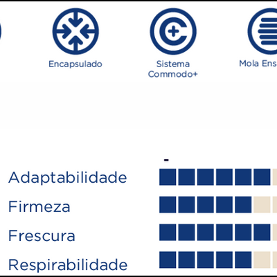Ícones e tabela de características de produto com texto em português.
