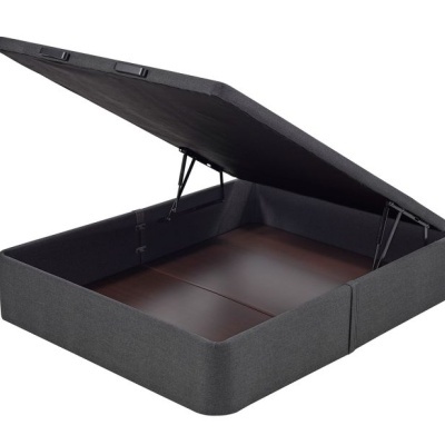 Base de cama com arrumação em tecido cinzento escuro e estrutura de madeira interior