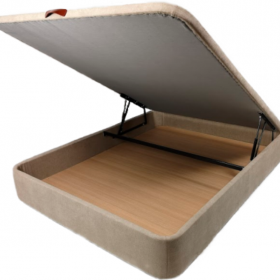 Base de cama com arrumação em madeira clara e tecido bege