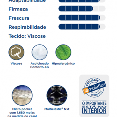 Gráfico e ícones sobre características de um colchão com texto Molaflex qualidade interna.