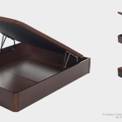 Base de cama com arrumação em couro castanho escuro, aberto e fechado