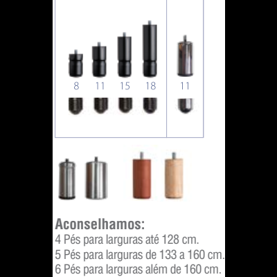 Pés para móveis em preto, metal e madeira, com números e texto explicativo em português