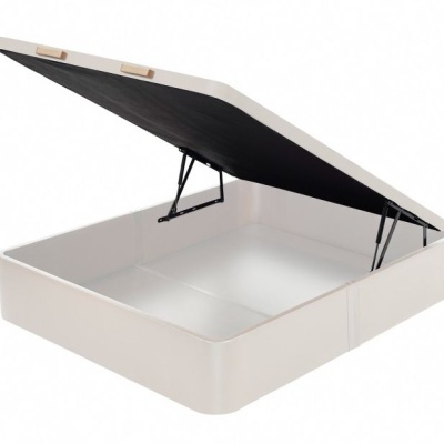 Estrutura de cama branca com tampa levantada e interior de armazenamento escuro