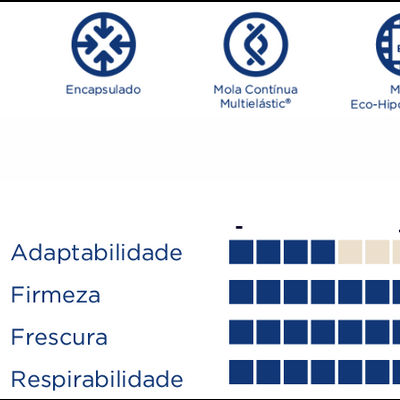 Ícones e texto descrevendo características de um produto e gráfico de barras de avaliação
