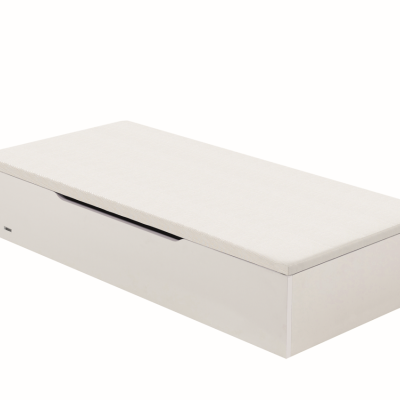 Cama baú branca com tampo estofado cinzento claro e puxador negro