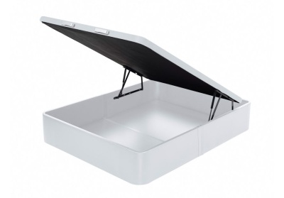 Base de cama branca com arrumação e painel superior aberto em tecido negro