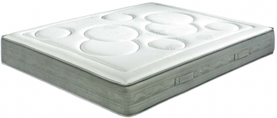 Colchão branco e cinzento com padrão circular acolchoado e bordas cinzentas com pegas