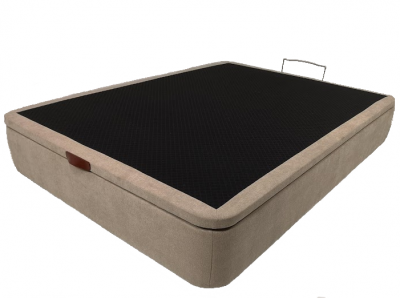 Colchão ou base de cama bege com superfície preta e alça metálica