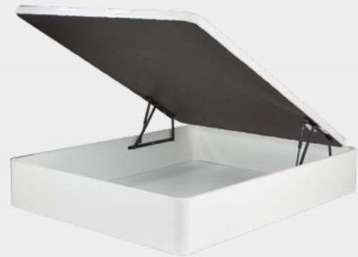 Cama-baú de casal branca com tampa cinza aberta