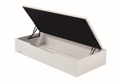 Cama-baú branca com interior preto aberta em fundo branco