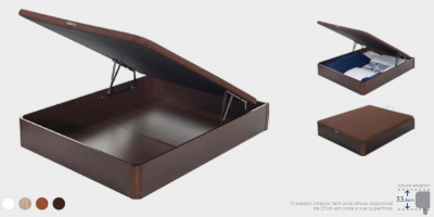 Base de cama com arrumação em couro castanho escuro, aberto e fechado