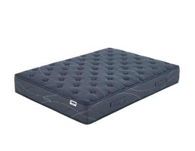 Colchão azul-escuro acolchoado com alças laterais e texto promocional