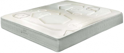 Colchão acolchoado branco com padrões geométricos e laterais cinza claro